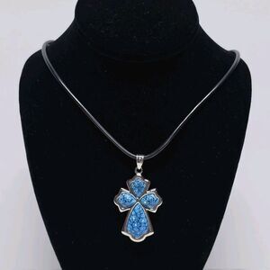 Murano Millefiori Glass Blue Cross Pendant Necklace Italy Summer Boho Floral